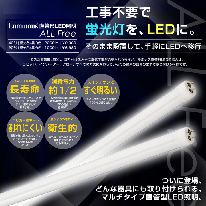 LED蛍光灯 Luminous 20形 工事不要モデル｜LED総合窓口のYUKAWA Corporation